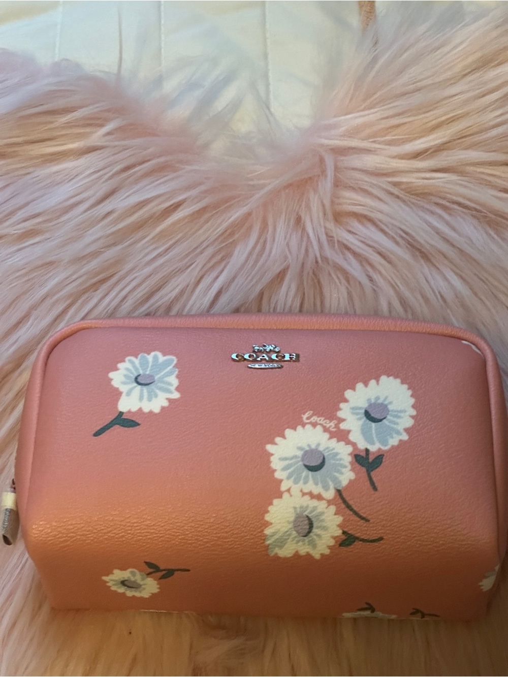 Coach Pink Floral Leather Cosmetic Pouch